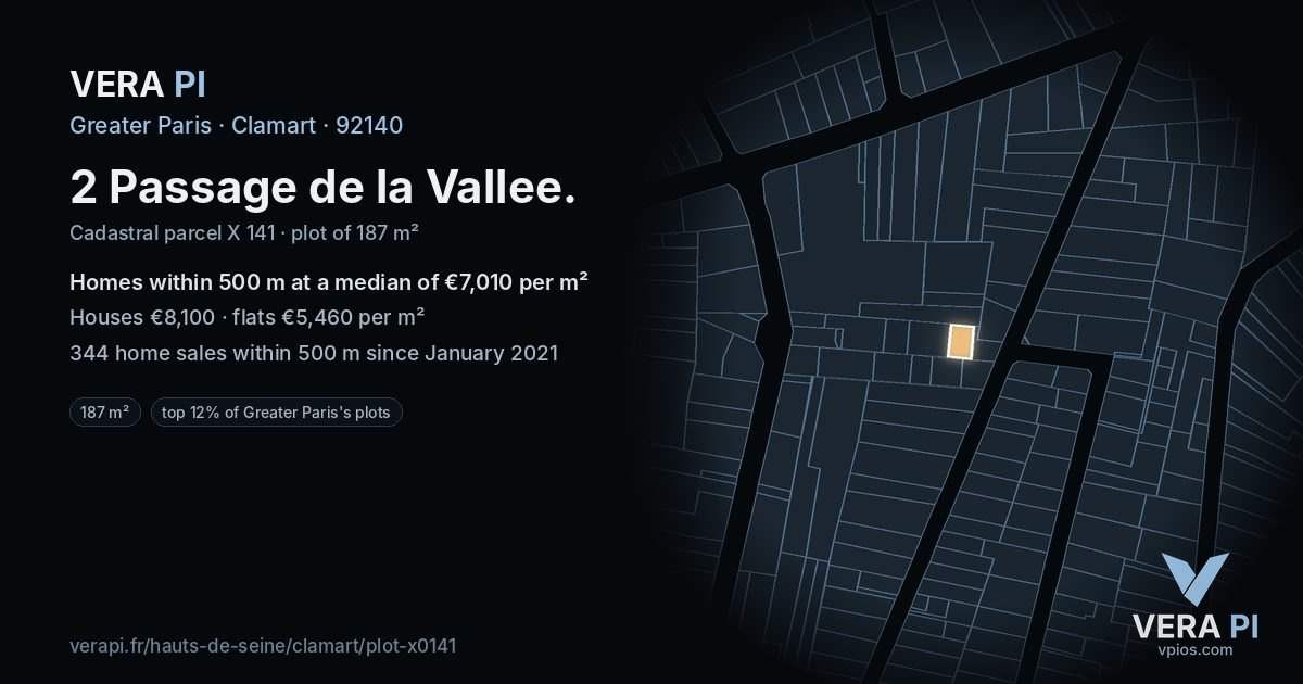 2 Passage de la Vallee, Clamart at night – the plot lit, the parcels around coloured by the prices near them