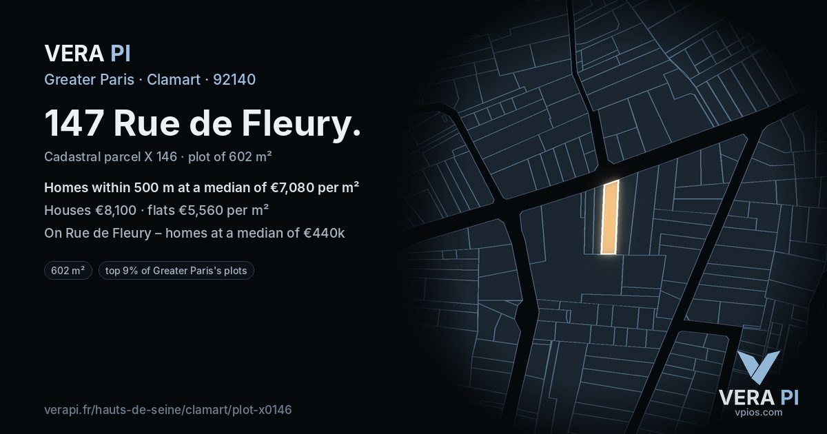 147 Rue de Fleury, Clamart at night – the plot lit, the parcels around coloured by the prices near them