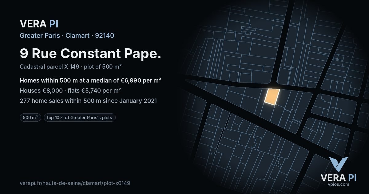 9 Rue Constant Pape, Clamart at night – the plot lit, the parcels around coloured by the prices near them