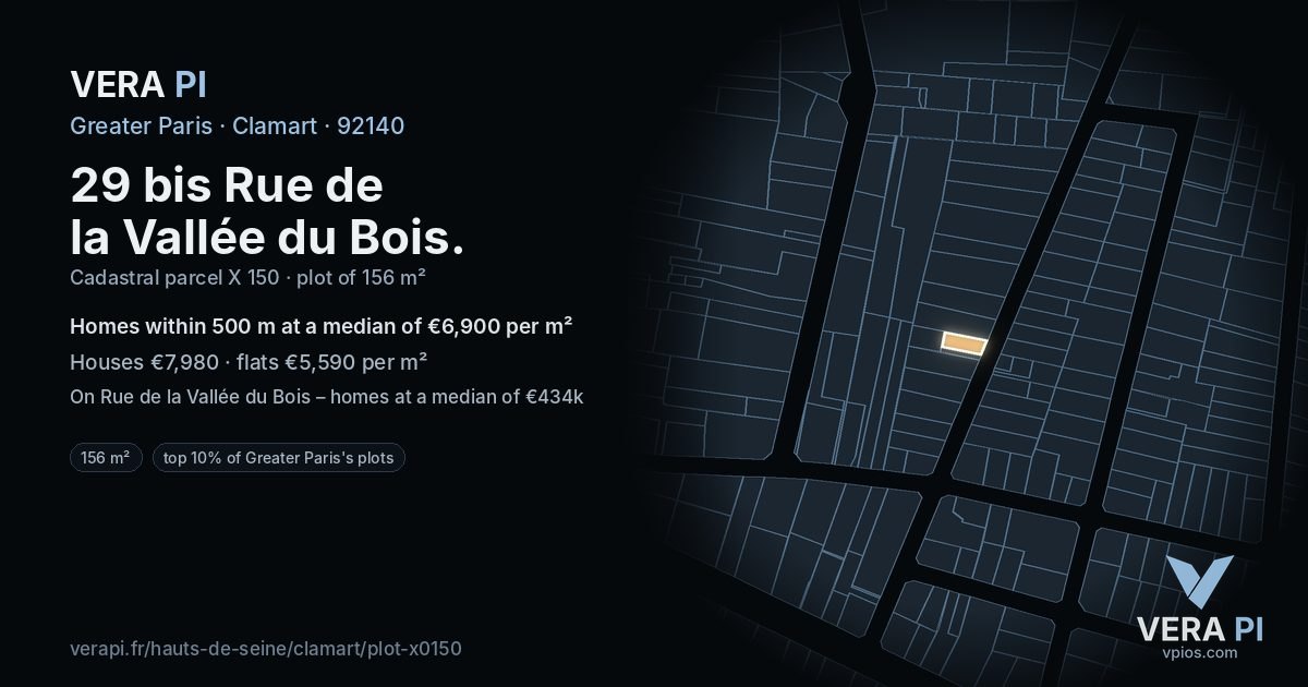 29 bis Rue de la Vallée du Bois, Clamart at night – the plot lit, the parcels around coloured by the prices near them