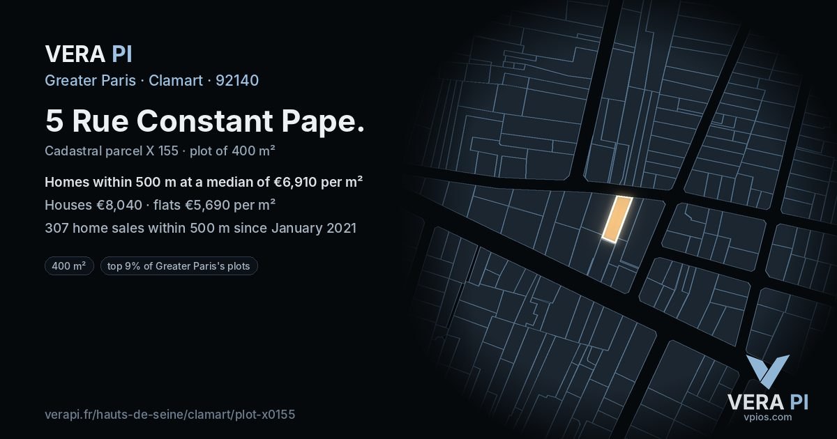 5 Rue Constant Pape, Clamart at night – the plot lit, the parcels around coloured by the prices near them