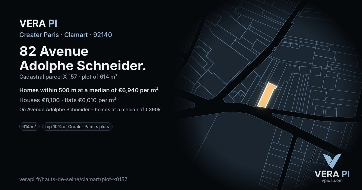 82 Avenue Adolphe Schneider, Clamart at night – the plot lit, the parcels around coloured by the prices near them