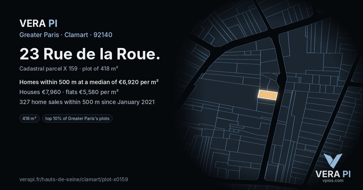 23 Rue de la Roue, Clamart at night – the plot lit, the parcels around coloured by the prices near them