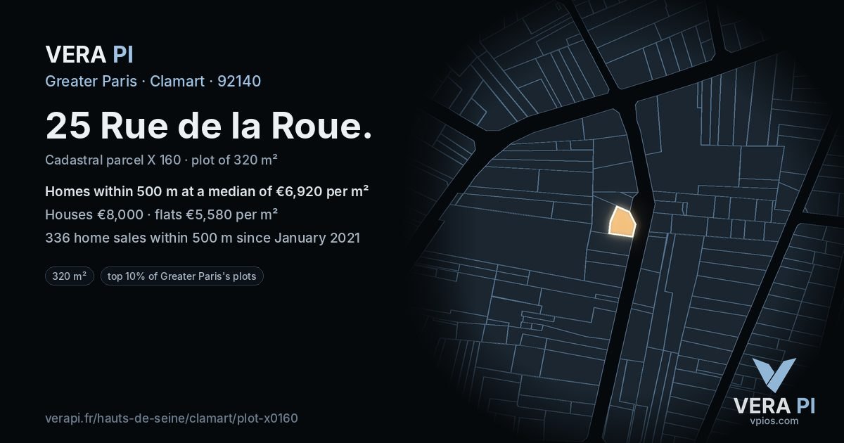25 Rue de la Roue, Clamart at night – the plot lit, the parcels around coloured by the prices near them