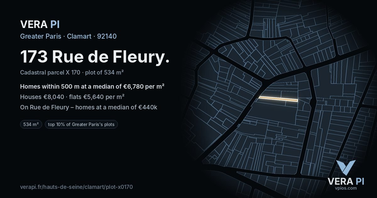 173 Rue de Fleury, Clamart at night – the plot lit, the parcels around coloured by the prices near them