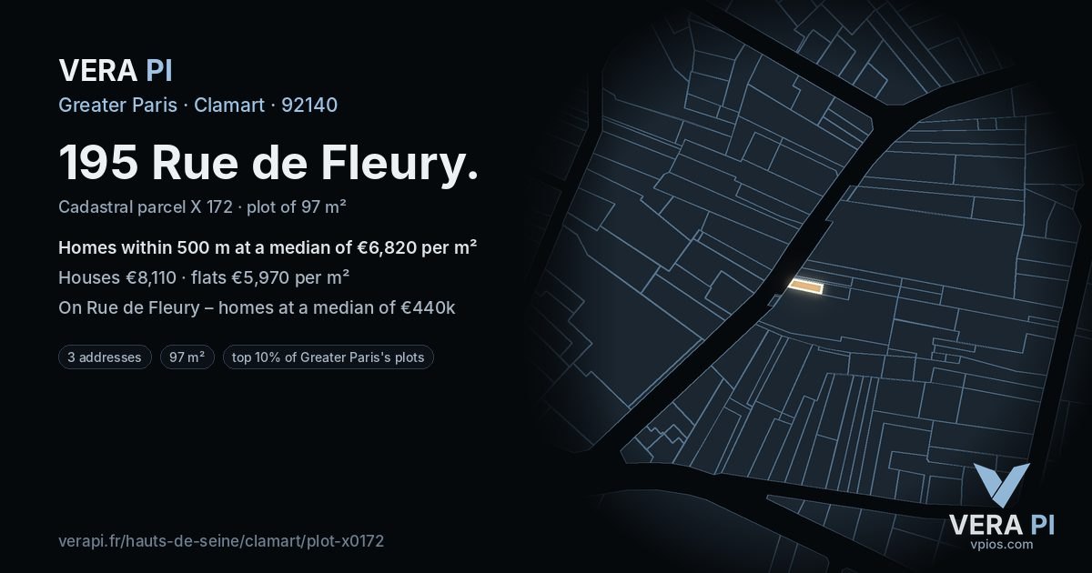195 Rue de Fleury, Clamart at night – the plot lit, the parcels around coloured by the prices near them
