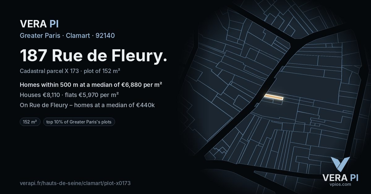 187 Rue de Fleury, Clamart at night – the plot lit, the parcels around coloured by the prices near them