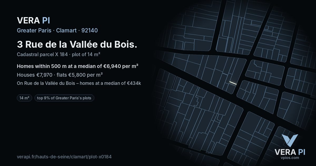 3 Rue de la Vallée du Bois, Clamart at night – the plot lit, the parcels around coloured by the prices near them
