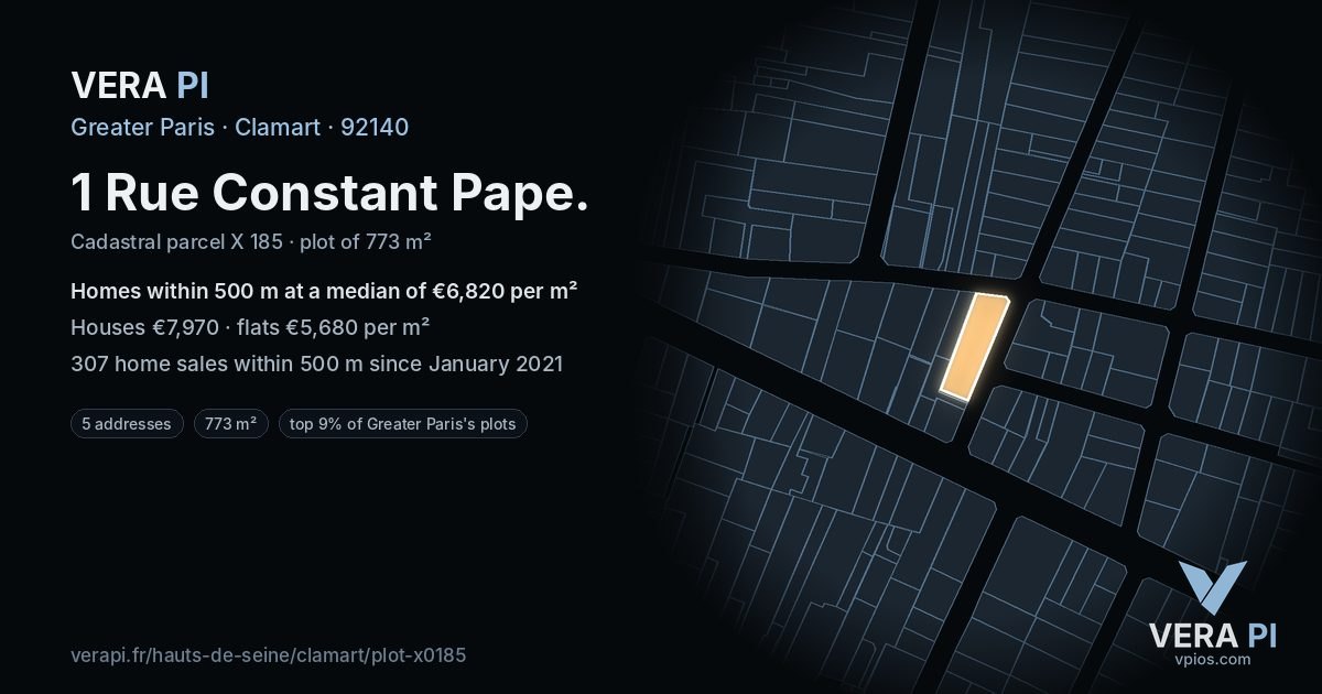 1 Rue Constant Pape, Clamart at night – the plot lit, the parcels around coloured by the prices near them