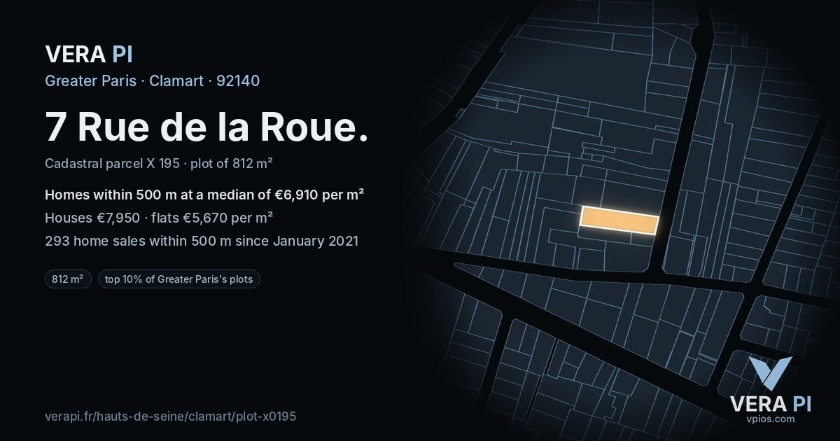 7 Rue de la Roue, Clamart at night – the plot lit, the parcels around coloured by the prices near them