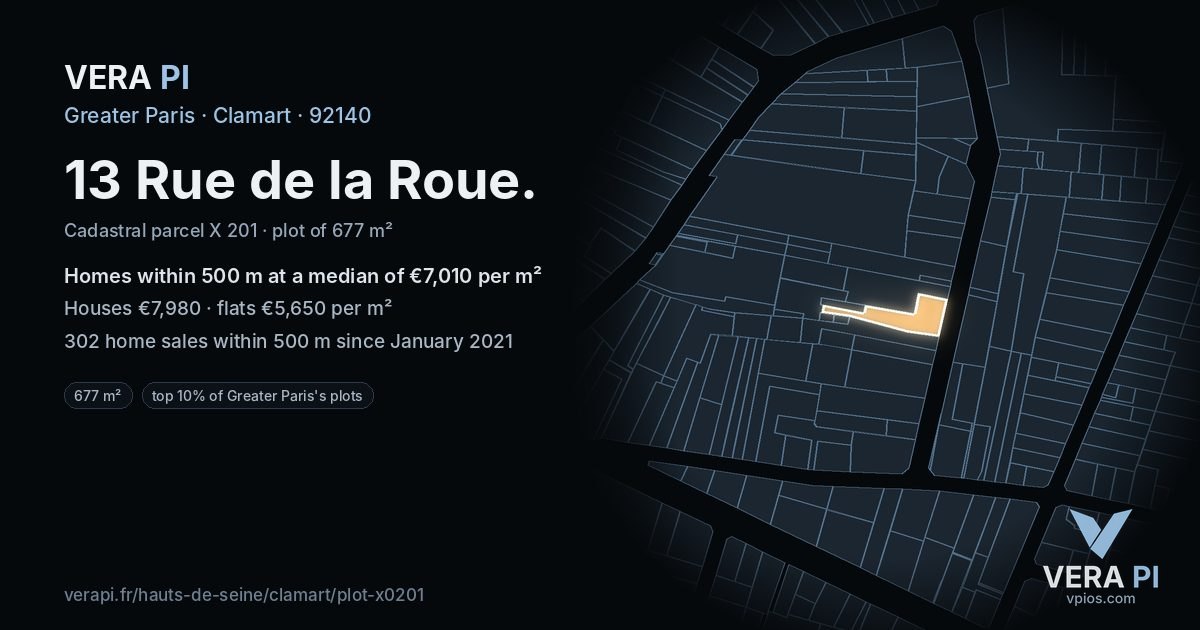 13 Rue de la Roue, Clamart at night – the plot lit, the parcels around coloured by the prices near them