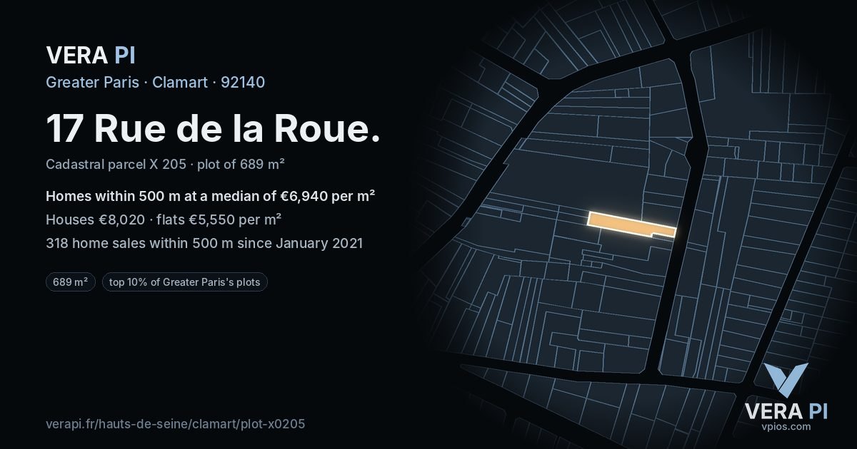 17 Rue de la Roue, Clamart at night – the plot lit, the parcels around coloured by the prices near them