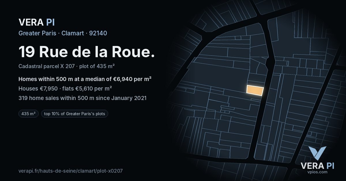 19 Rue de la Roue, Clamart at night – the plot lit, the parcels around coloured by the prices near them