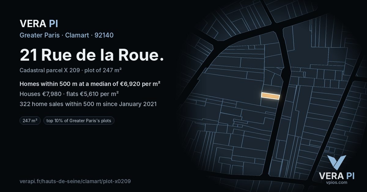 21 Rue de la Roue, Clamart at night – the plot lit, the parcels around coloured by the prices near them