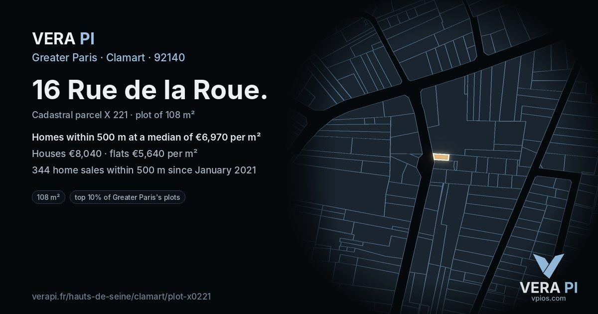 16 Rue de la Roue, Clamart at night – the plot lit, the parcels around coloured by the prices near them