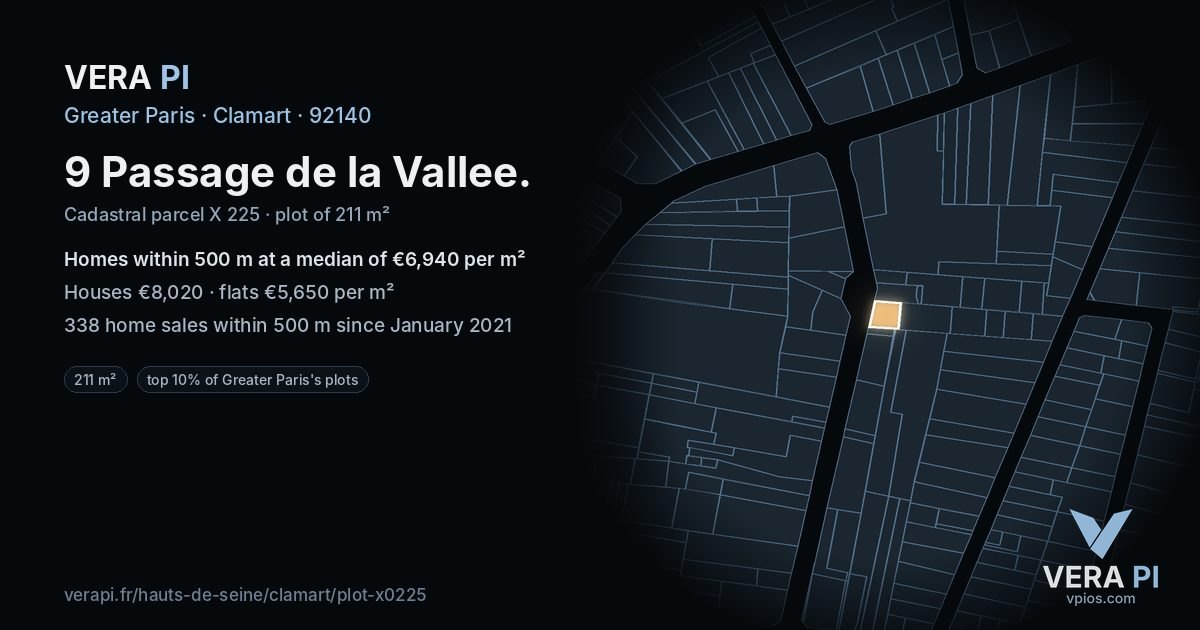9 Passage de la Vallee, Clamart at night – the plot lit, the parcels around coloured by the prices near them