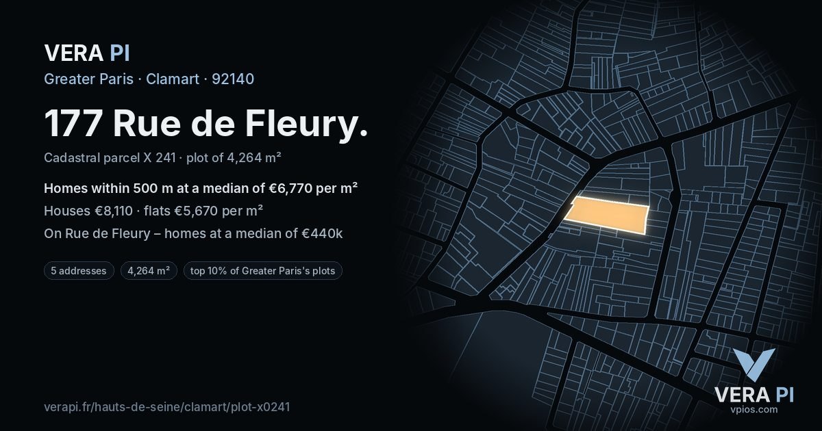 177 Rue de Fleury, Clamart at night – the plot lit, the parcels around coloured by the prices near them