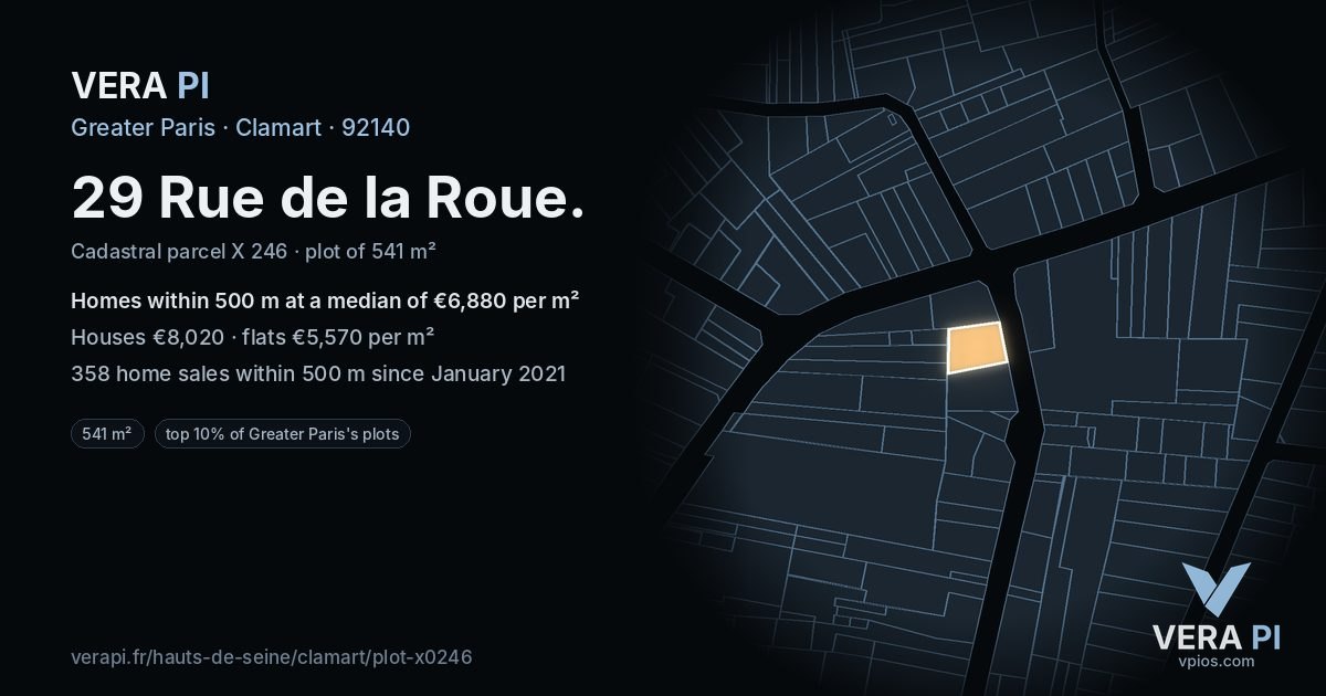 29 Rue de la Roue, Clamart at night – the plot lit, the parcels around coloured by the prices near them