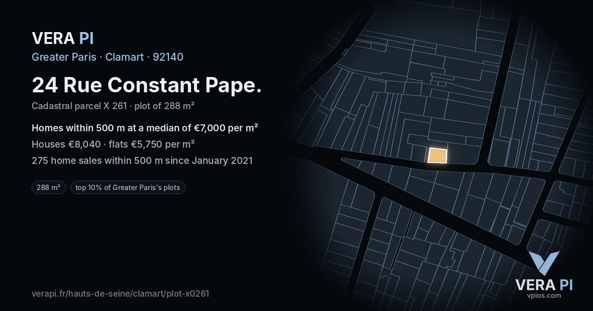 24 Rue Constant Pape, Clamart at night – the plot lit, the parcels around coloured by the prices near them