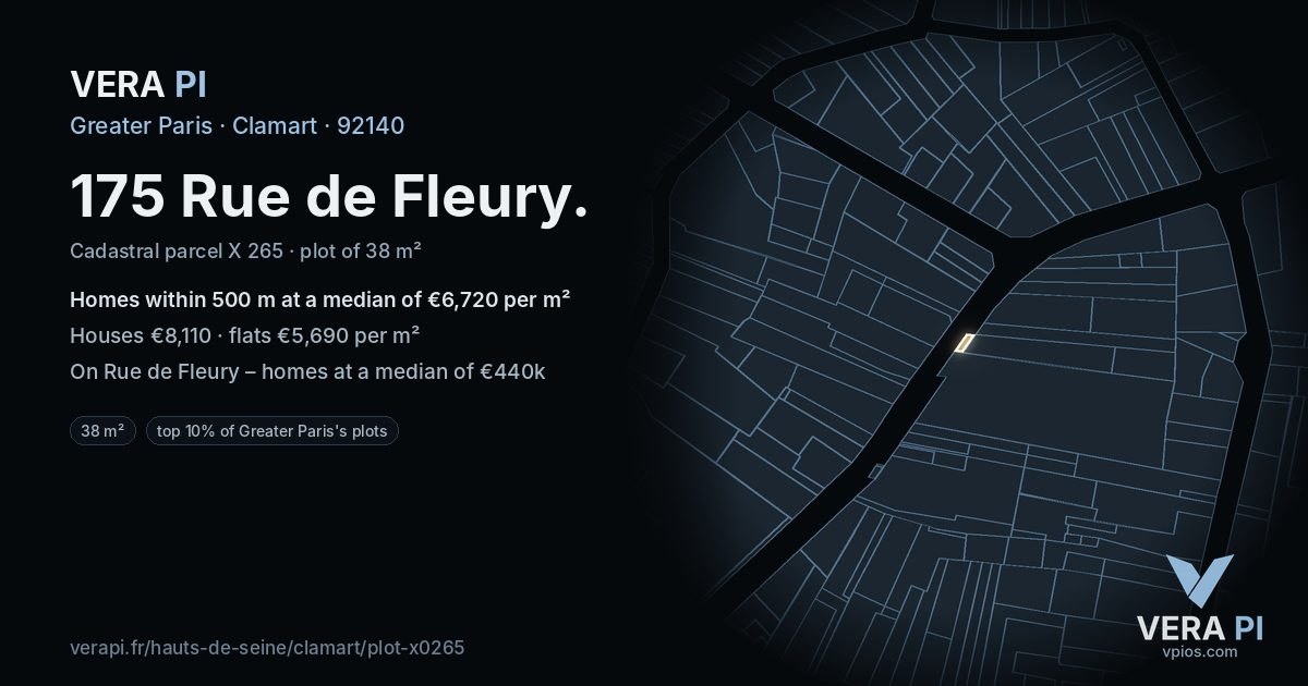 175 Rue de Fleury, Clamart at night – the plot lit, the parcels around coloured by the prices near them