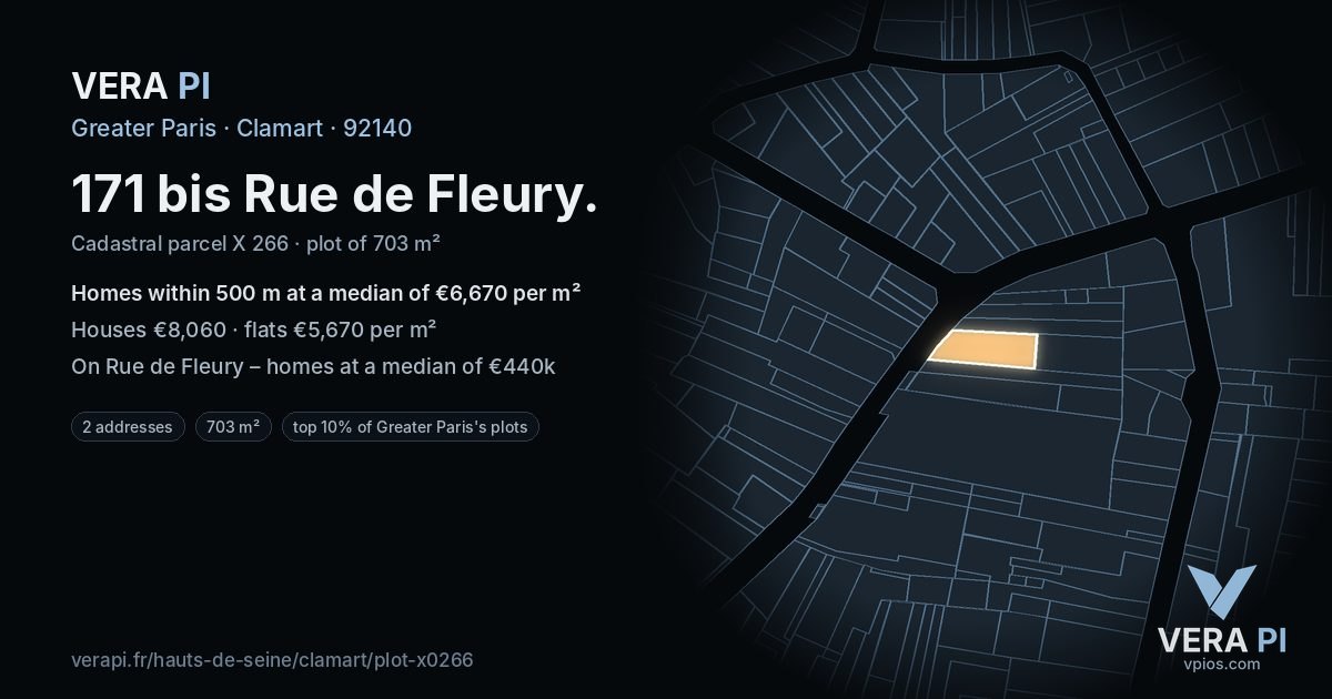 171 bis Rue de Fleury, Clamart at night – the plot lit, the parcels around coloured by the prices near them
