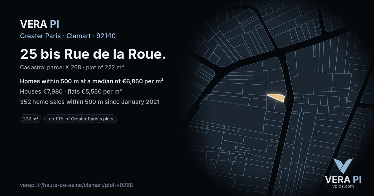 25 bis Rue de la Roue, Clamart at night – the plot lit, the parcels around coloured by the prices near them
