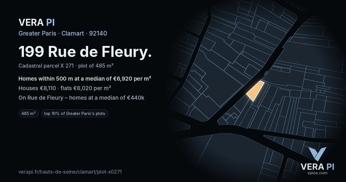 199 Rue de Fleury, Clamart at night – the plot lit, the parcels around coloured by the prices near them