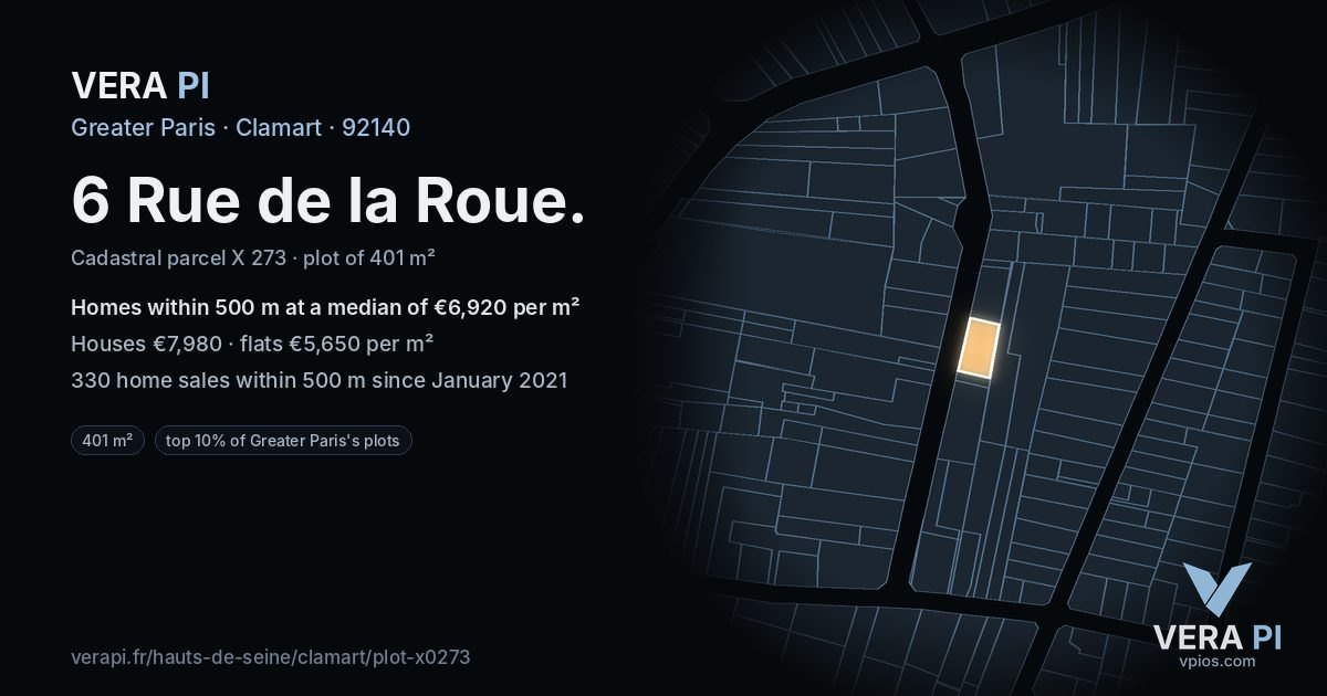 6 Rue de la Roue, Clamart at night – the plot lit, the parcels around coloured by the prices near them
