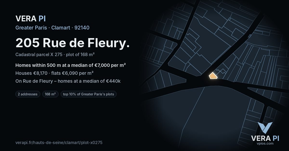 205 Rue de Fleury, Clamart at night – the plot lit, the parcels around coloured by the prices near them