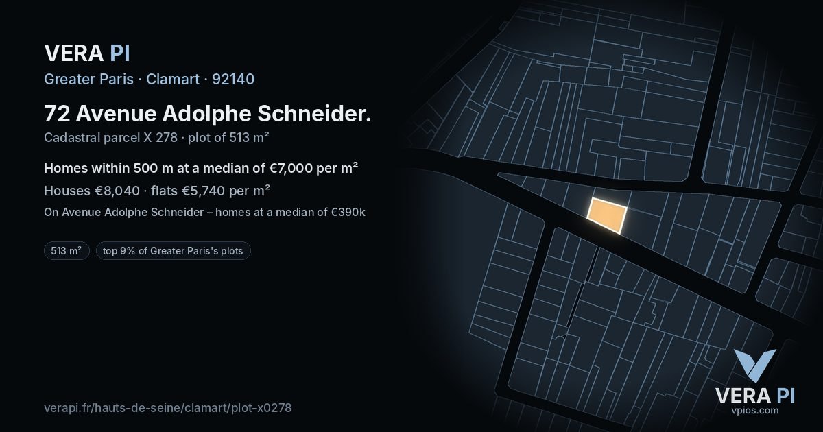 72 Avenue Adolphe Schneider, Clamart at night – the plot lit, the parcels around coloured by the prices near them