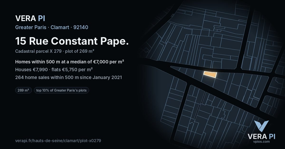 15 Rue Constant Pape, Clamart at night – the plot lit, the parcels around coloured by the prices near them