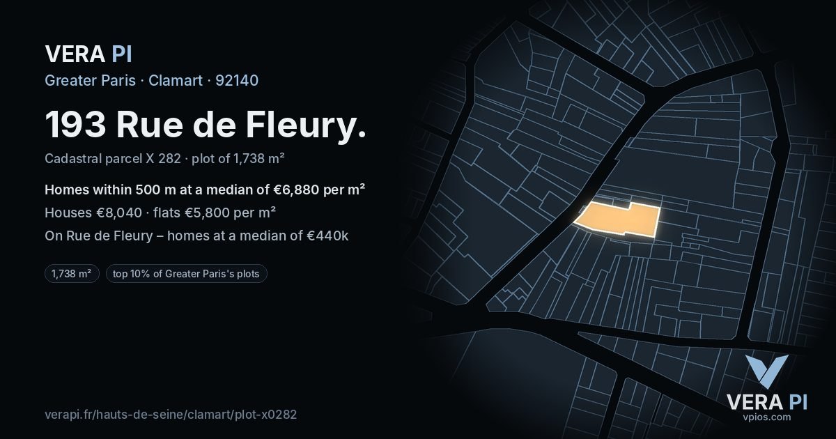 193 Rue de Fleury, Clamart at night – the plot lit, the parcels around coloured by the prices near them