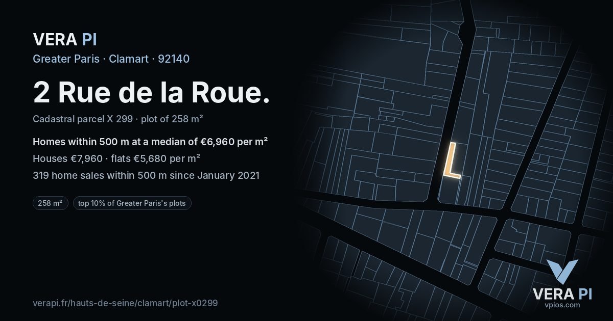 2 Rue de la Roue, Clamart at night – the plot lit, the parcels around coloured by the prices near them