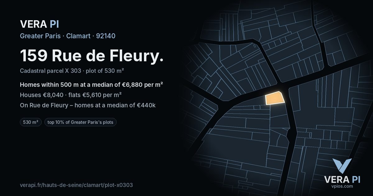 159 Rue de Fleury, Clamart at night – the plot lit, the parcels around coloured by the prices near them