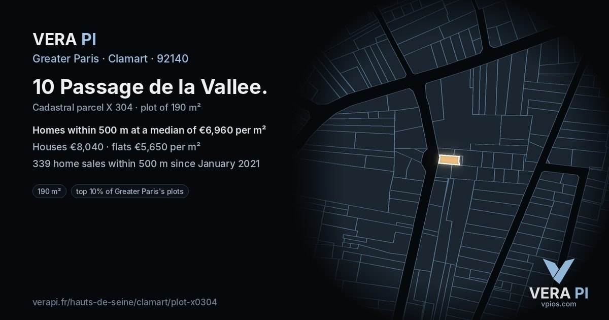 10 Passage de la Vallee, Clamart at night – the plot lit, the parcels around coloured by the prices near them