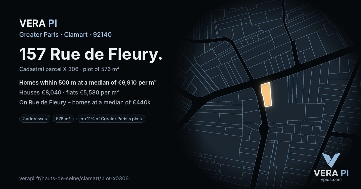 157 Rue de Fleury, Clamart at night – the plot lit, the parcels around coloured by the prices near them
