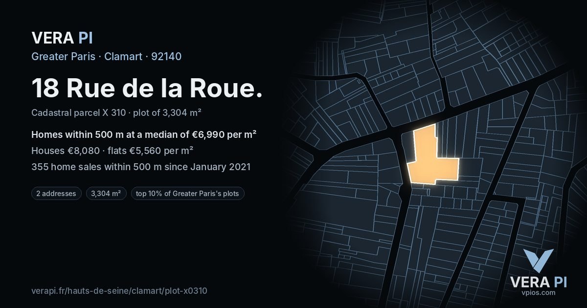 18 Rue de la Roue, Clamart at night – the plot lit, the parcels around coloured by the prices near them
