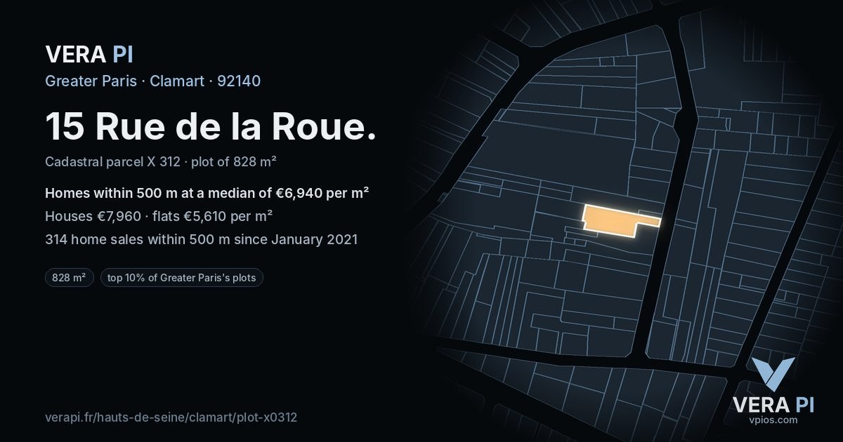 15 Rue de la Roue, Clamart at night – the plot lit, the parcels around coloured by the prices near them