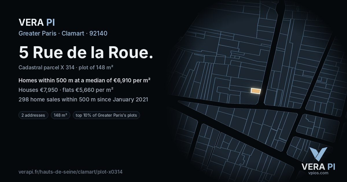 5 Rue de la Roue, Clamart at night – the plot lit, the parcels around coloured by the prices near them