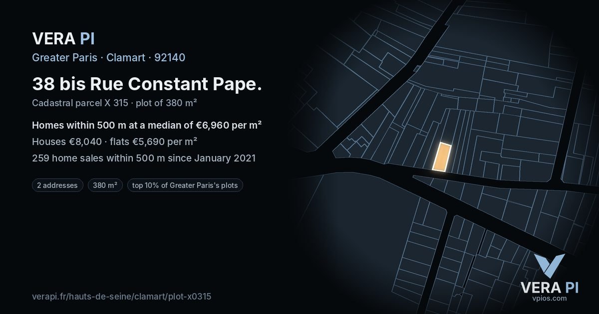 38 bis Rue Constant Pape, Clamart at night – the plot lit, the parcels around coloured by the prices near them