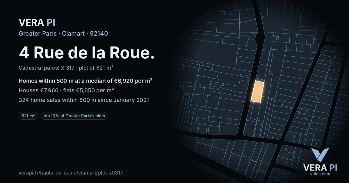 4 Rue de la Roue, Clamart at night – the plot lit, the parcels around coloured by the prices near them
