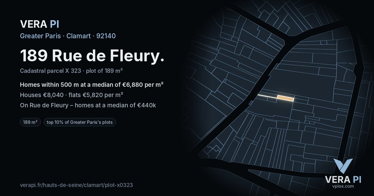 189 Rue de Fleury, Clamart at night – the plot lit, the parcels around coloured by the prices near them
