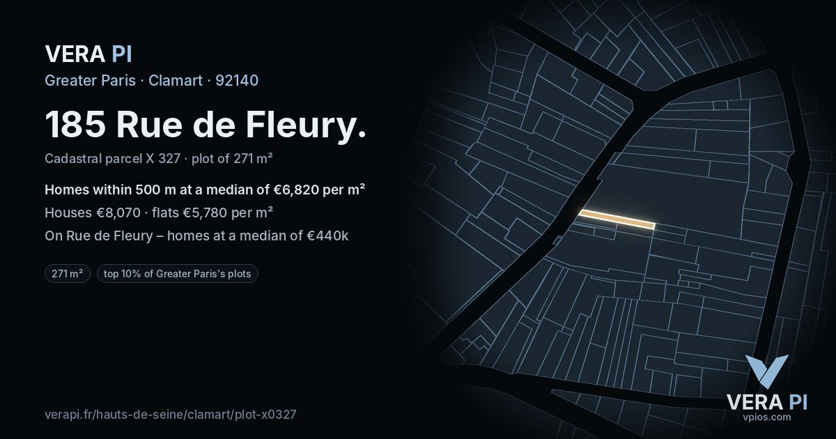 185 Rue de Fleury, Clamart at night – the plot lit, the parcels around coloured by the prices near them