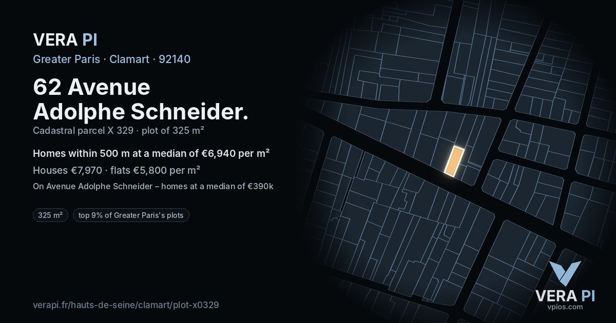 62 Avenue Adolphe Schneider, Clamart at night – the plot lit, the parcels around coloured by the prices near them