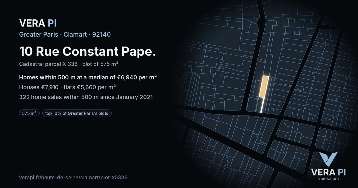 10 Rue Constant Pape, Clamart at night – the plot lit, the parcels around coloured by the prices near them