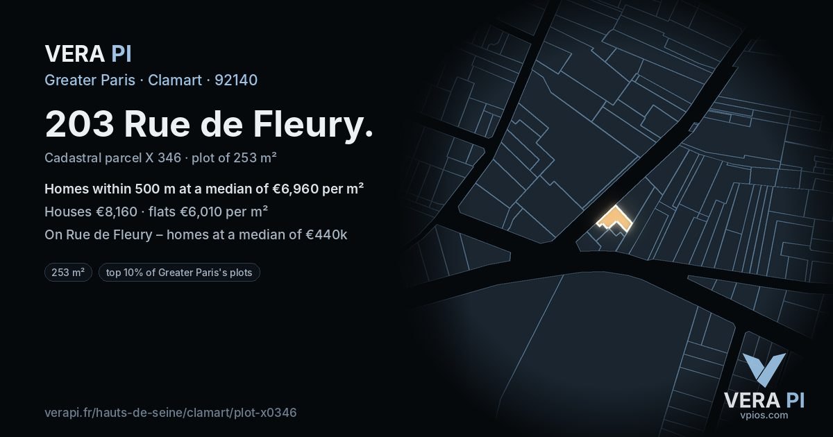 203 Rue de Fleury, Clamart at night – the plot lit, the parcels around coloured by the prices near them