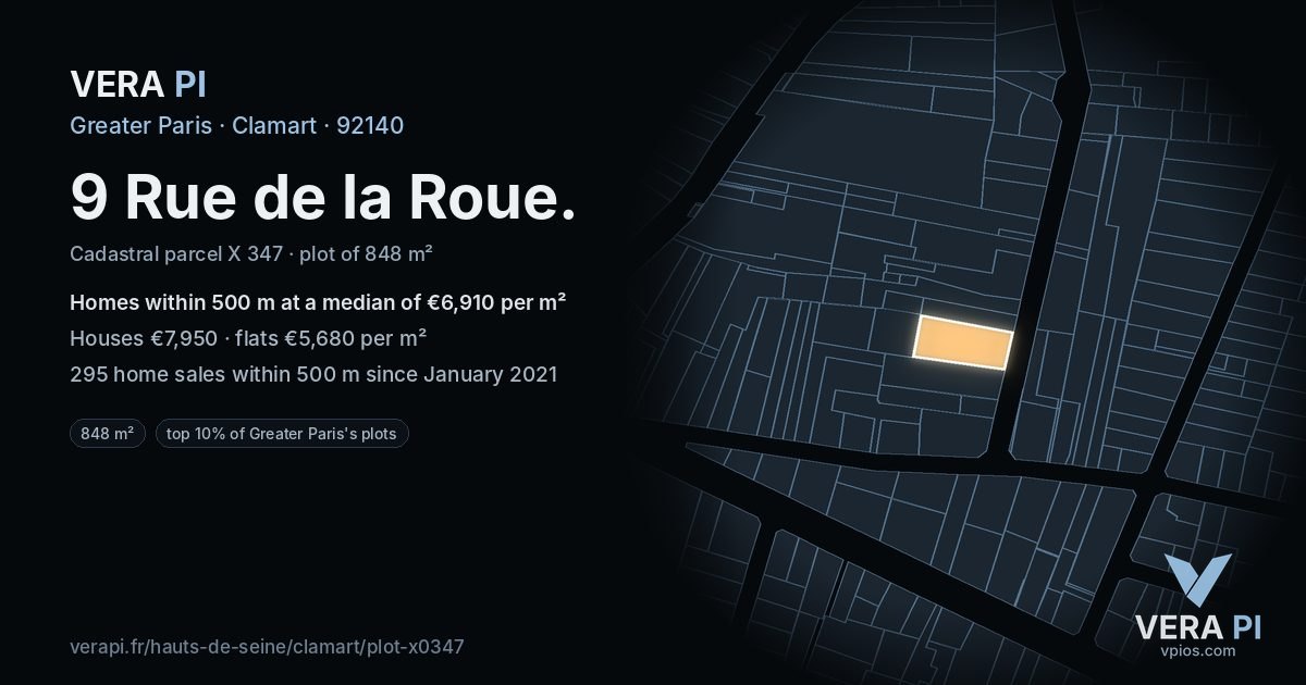 9 Rue de la Roue, Clamart at night – the plot lit, the parcels around coloured by the prices near them