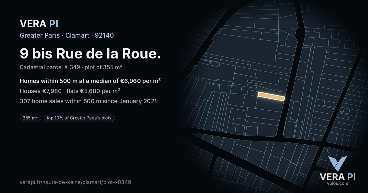 9 bis Rue de la Roue, Clamart at night – the plot lit, the parcels around coloured by the prices near them