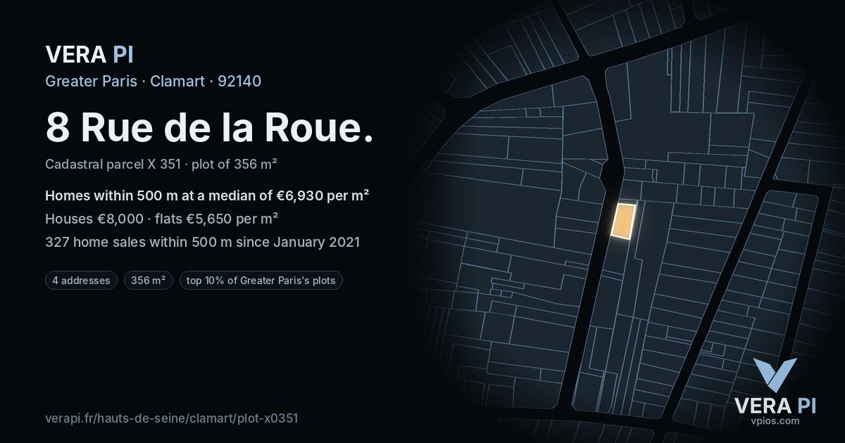 8 Rue de la Roue, Clamart at night – the plot lit, the parcels around coloured by the prices near them