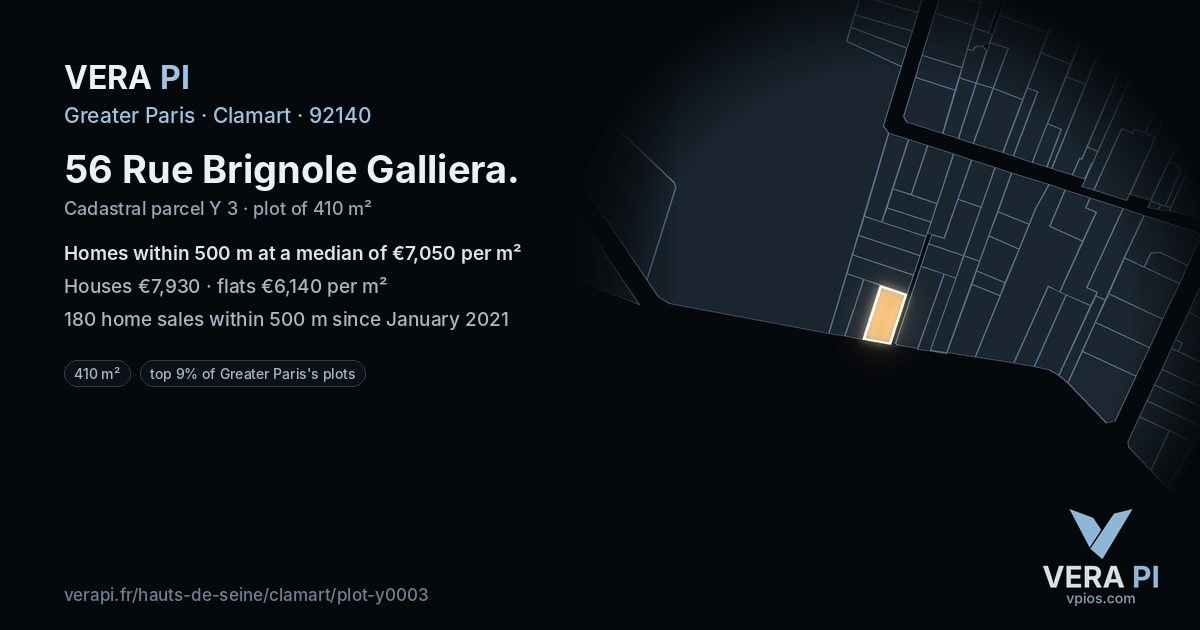 56 Rue Brignole Galliera, Clamart at night – the plot lit, the parcels around coloured by the prices near them